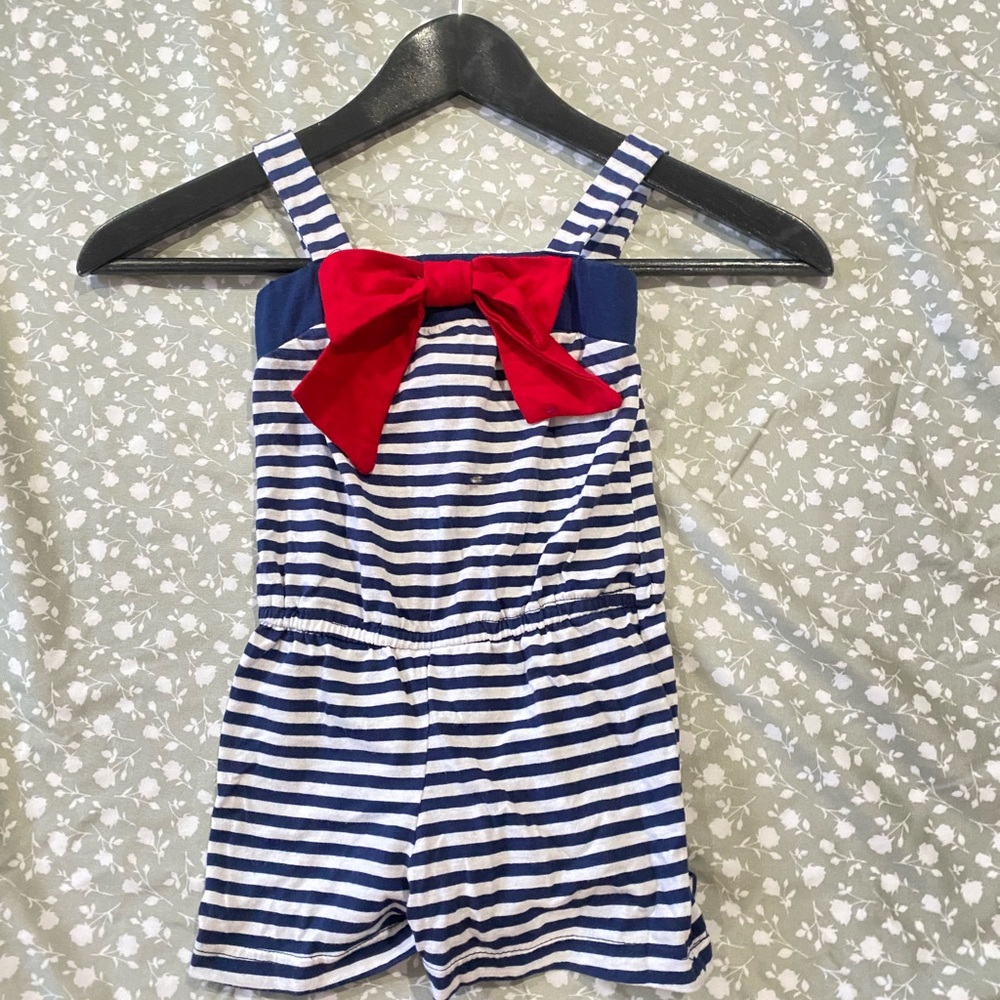 Lily Bleu Blue and White Striped Dress with Red Bow